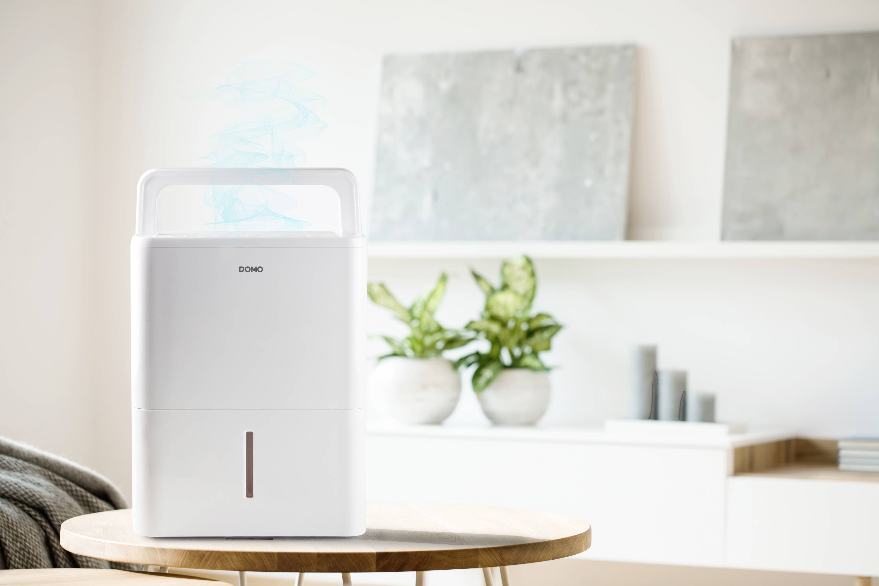 Dehumidifier on a table in a modern furnished room, with plants in the background.
