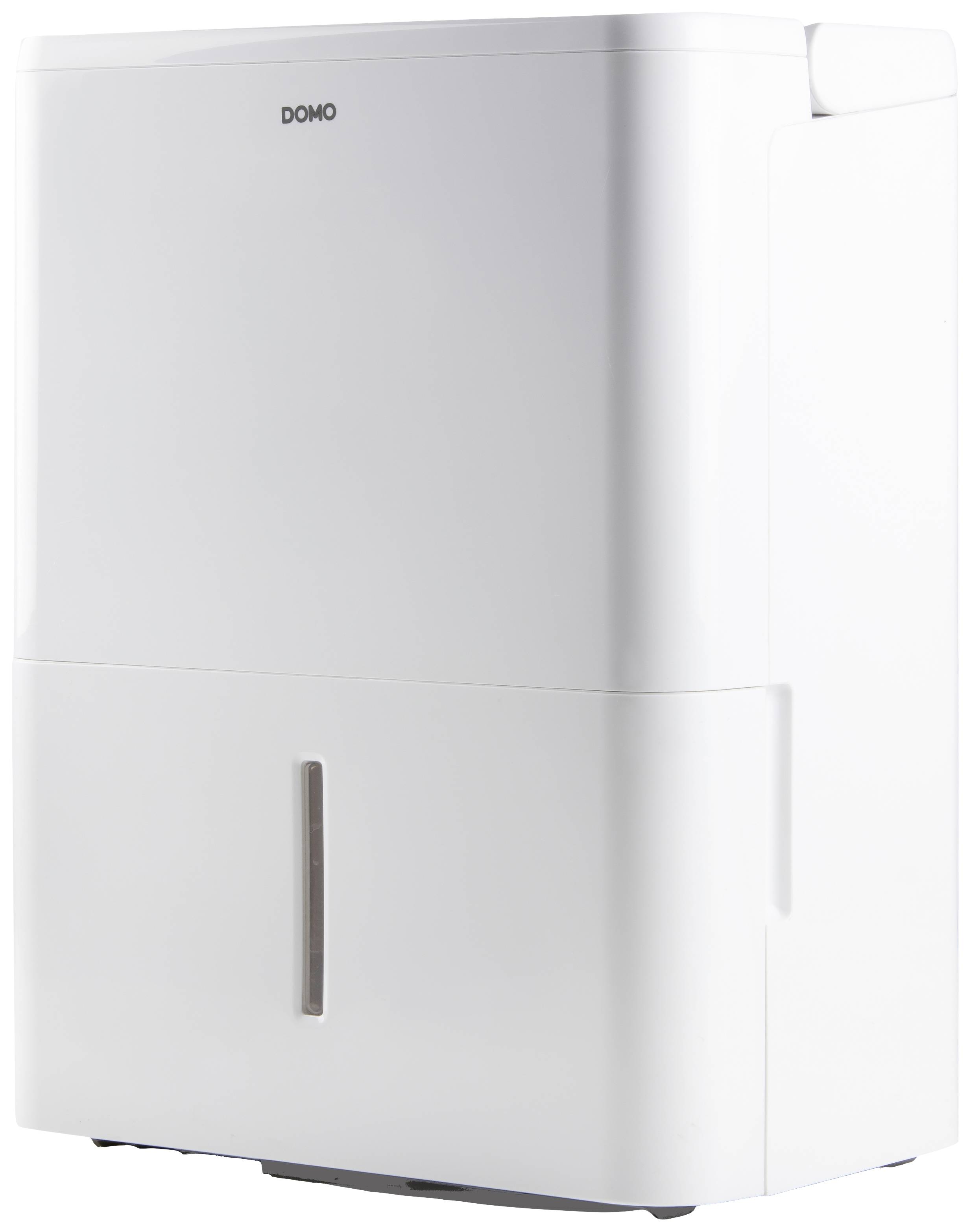A white, rectangular dehumidifier with a smooth surface and a small water level indicator on the front.