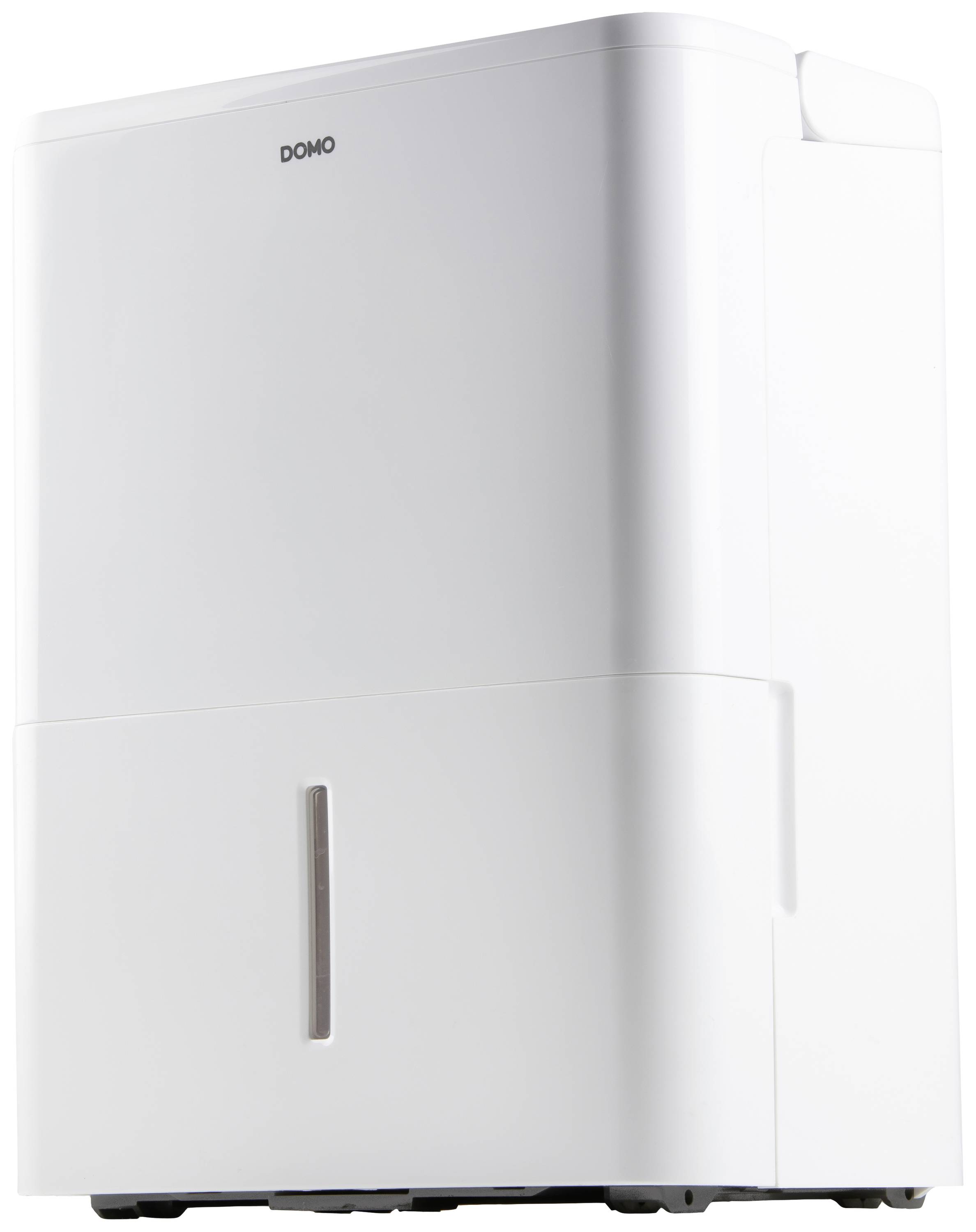 A white dehumidifier with a minimalist design, suitable for use in living spaces to reduce humidity levels.