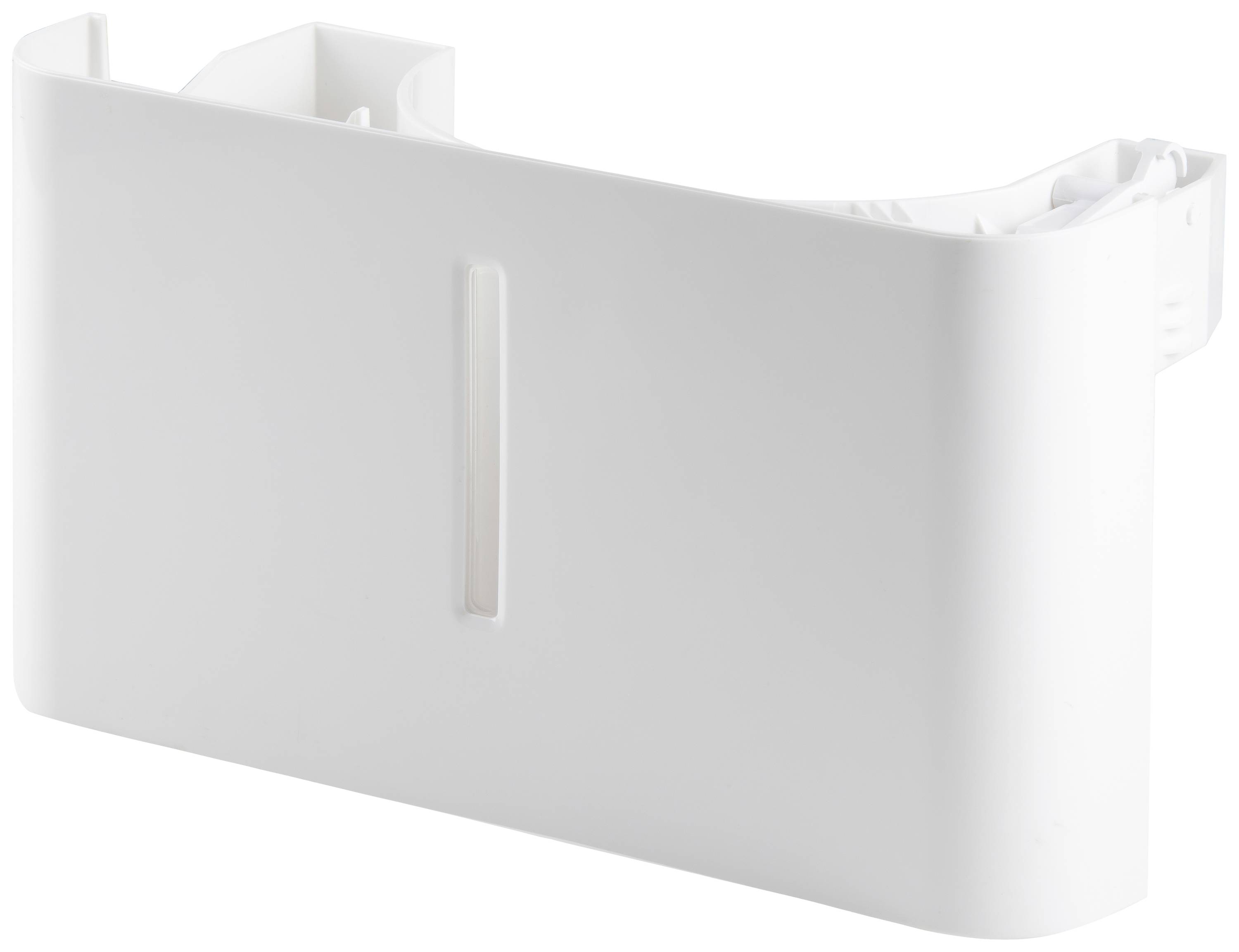 A white, rectangular plastic container with a vertical recess in the middle, potentially part of a larger system.