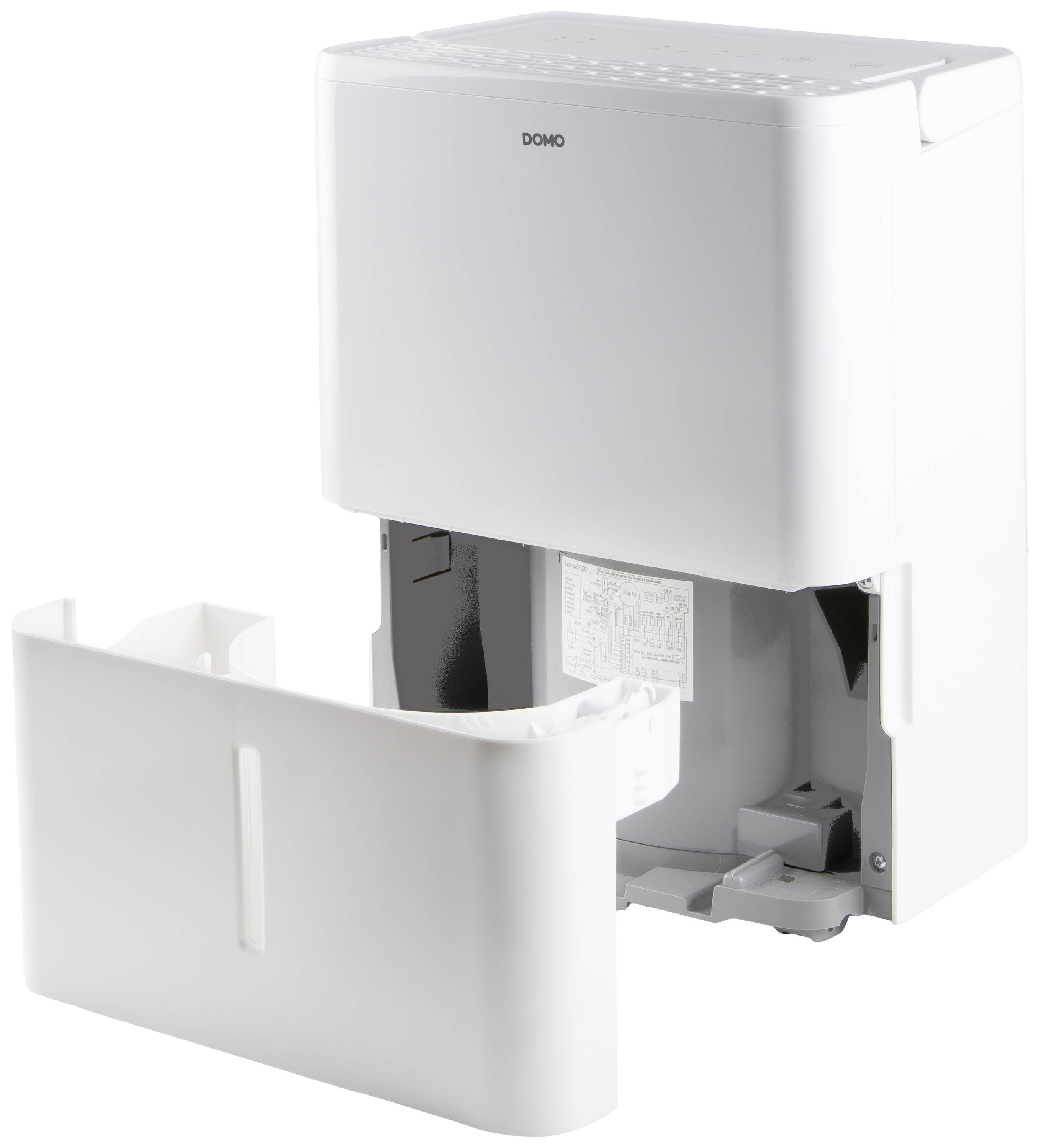 A white dehumidifier with its water container cover removed reveals the inside of the appliance.