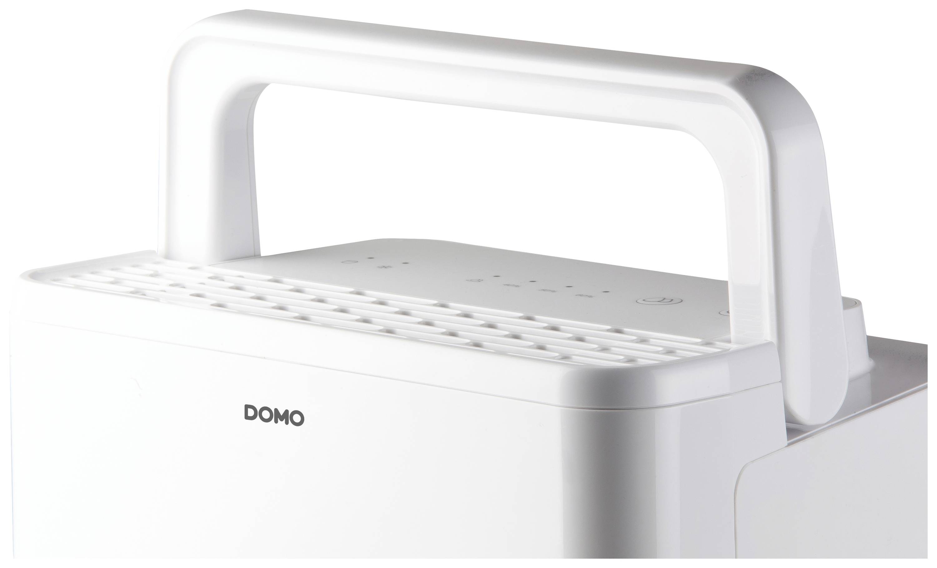A white air purifier with a carry handle; 'DOMO' brand visible. Device design is simple and modern.