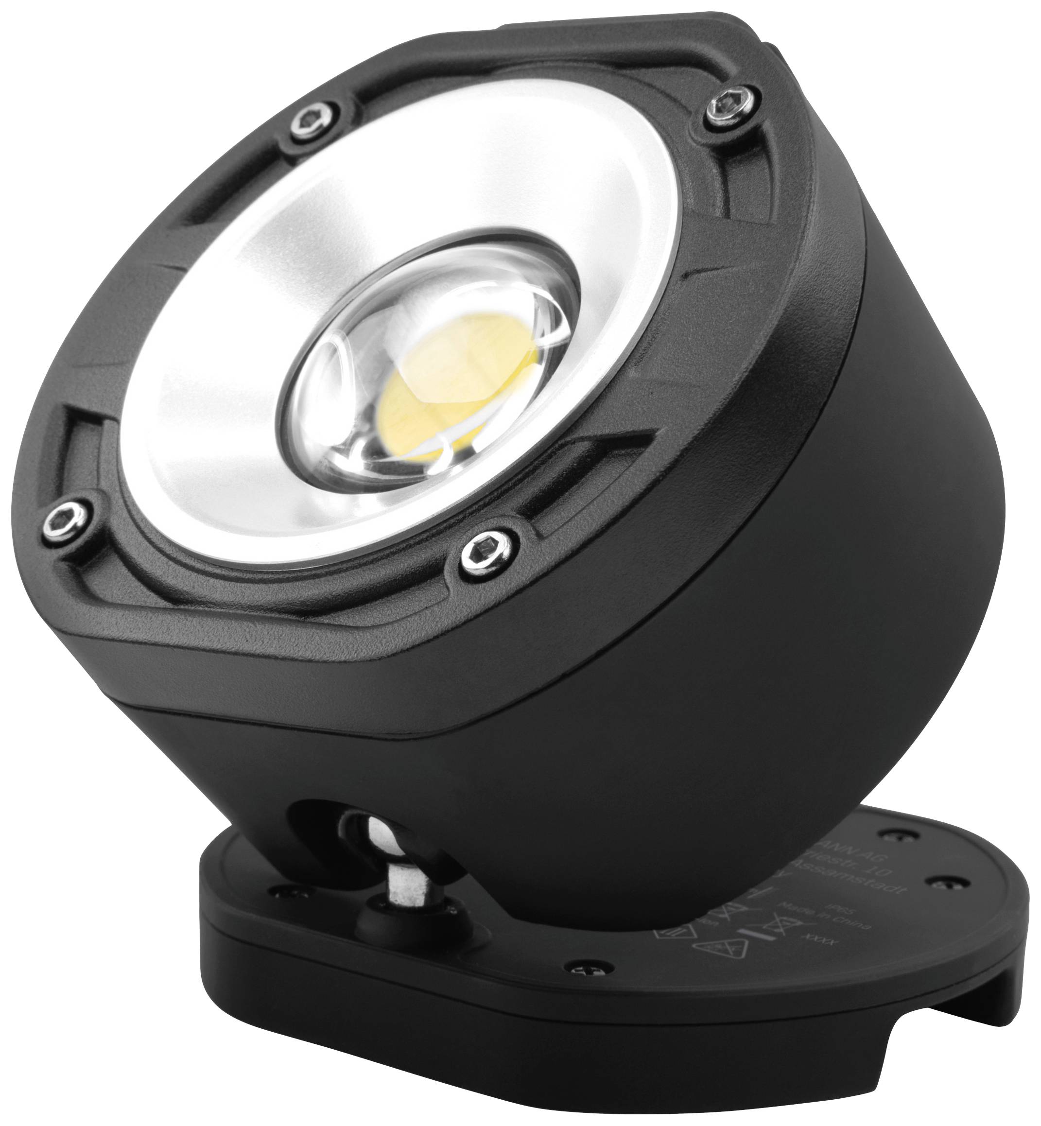 Black LED spotlight with circular lens and adjustable angle, mounted on a rectangular base, used for illumination.
