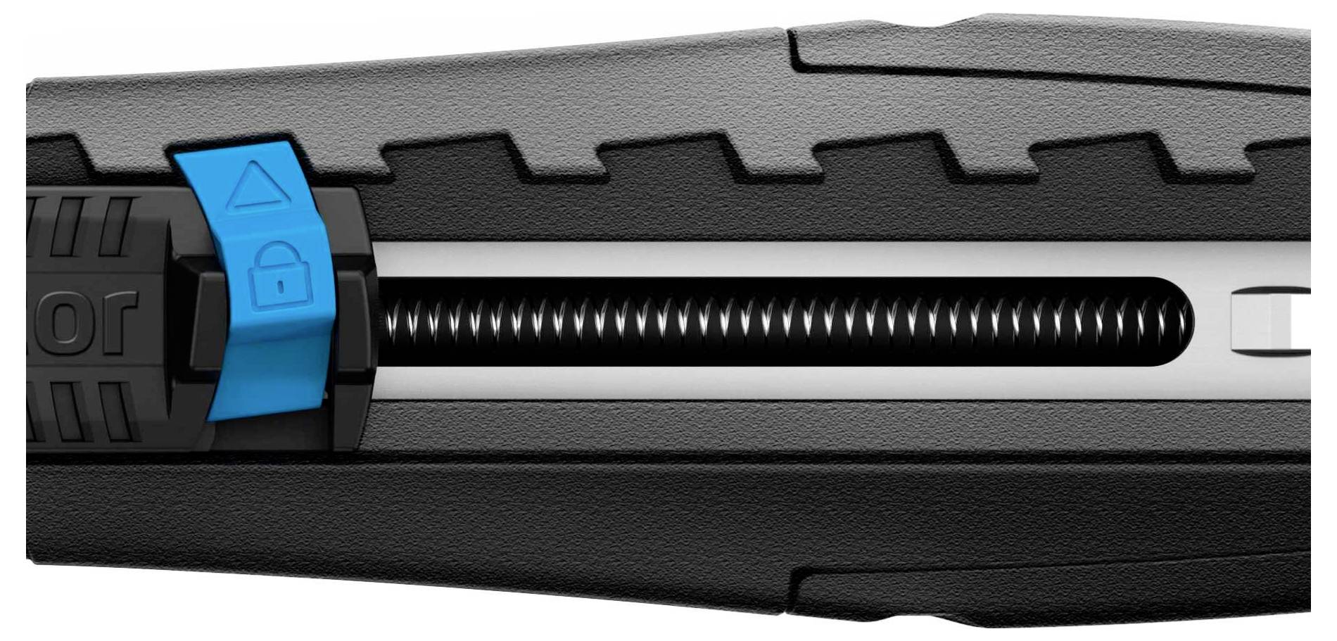Close-up of a black carpet knife with a blue safety button. The button displays symbols for locking and unlocking.