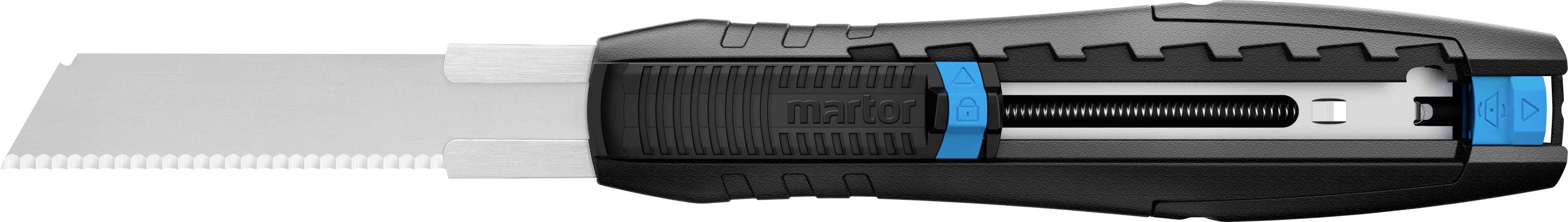 Universal utility knife with retractable blade, black handle and blue button, suitable for versatile cutting tasks.