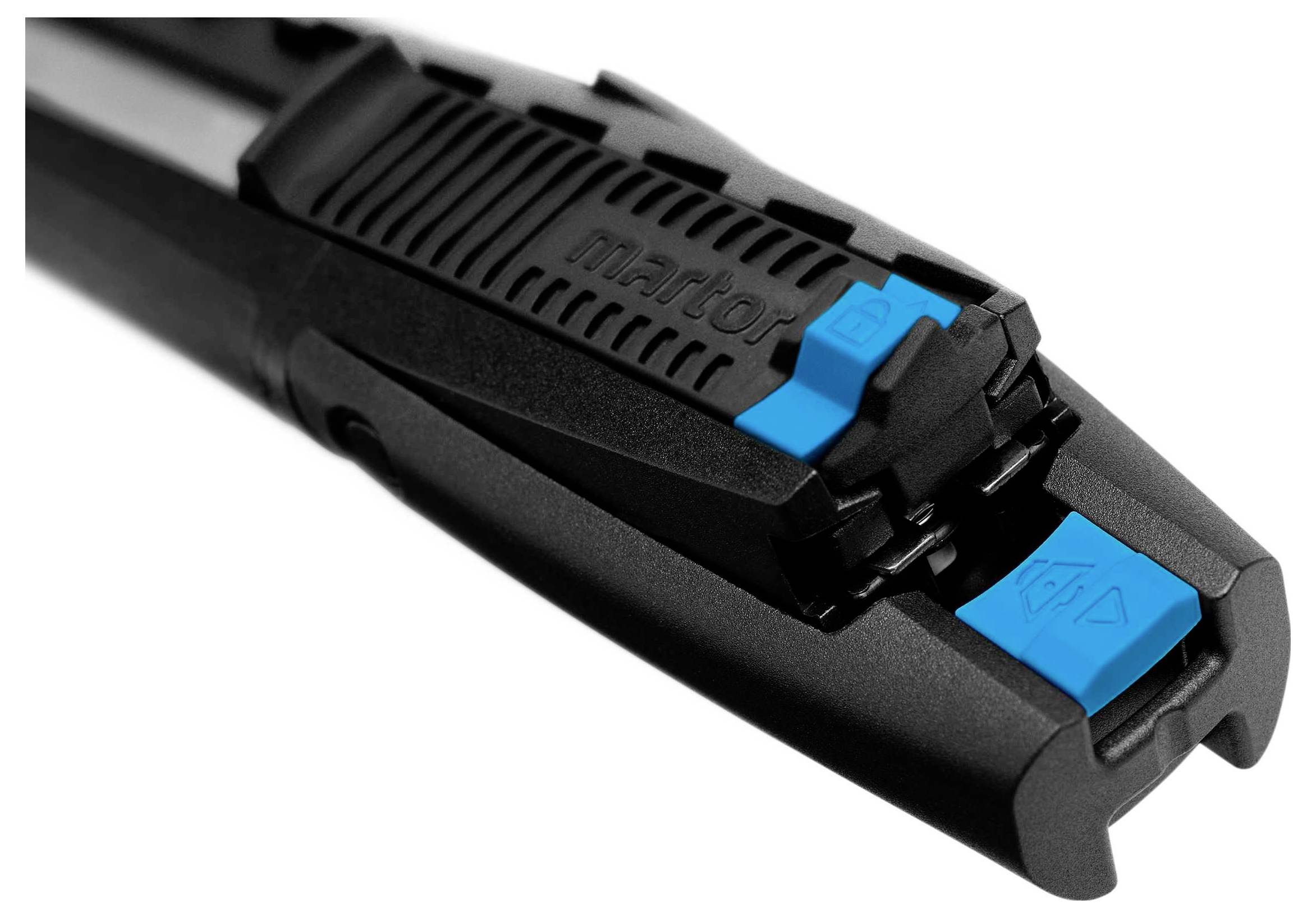 A black safety knife with blue buttons. The blue buttons are used to extend and retract the blade.