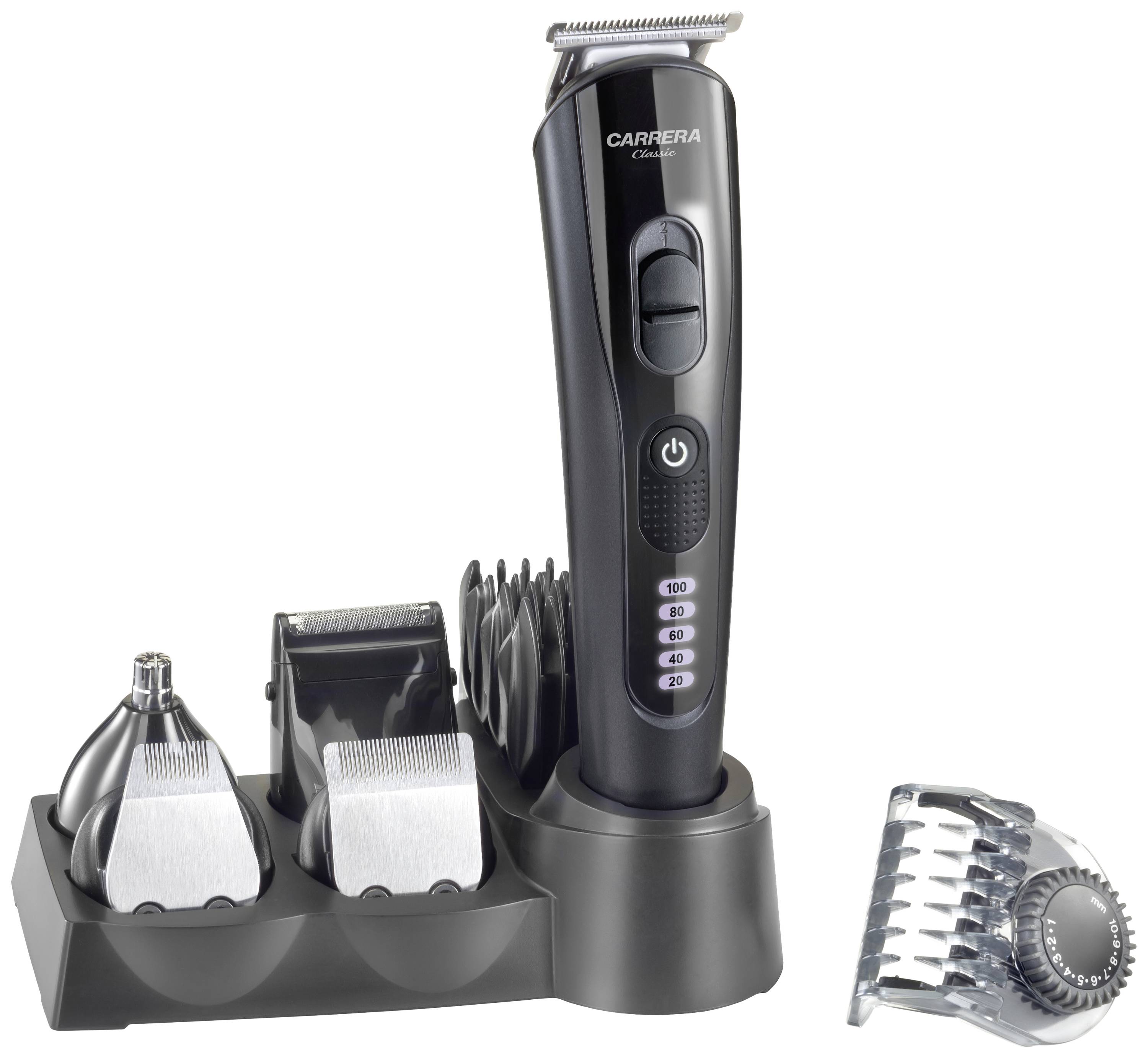 Electric shaver with various attachments in a charging station. Includes precision trimmer, nose hair trimmer, and hair cutting attachments.
