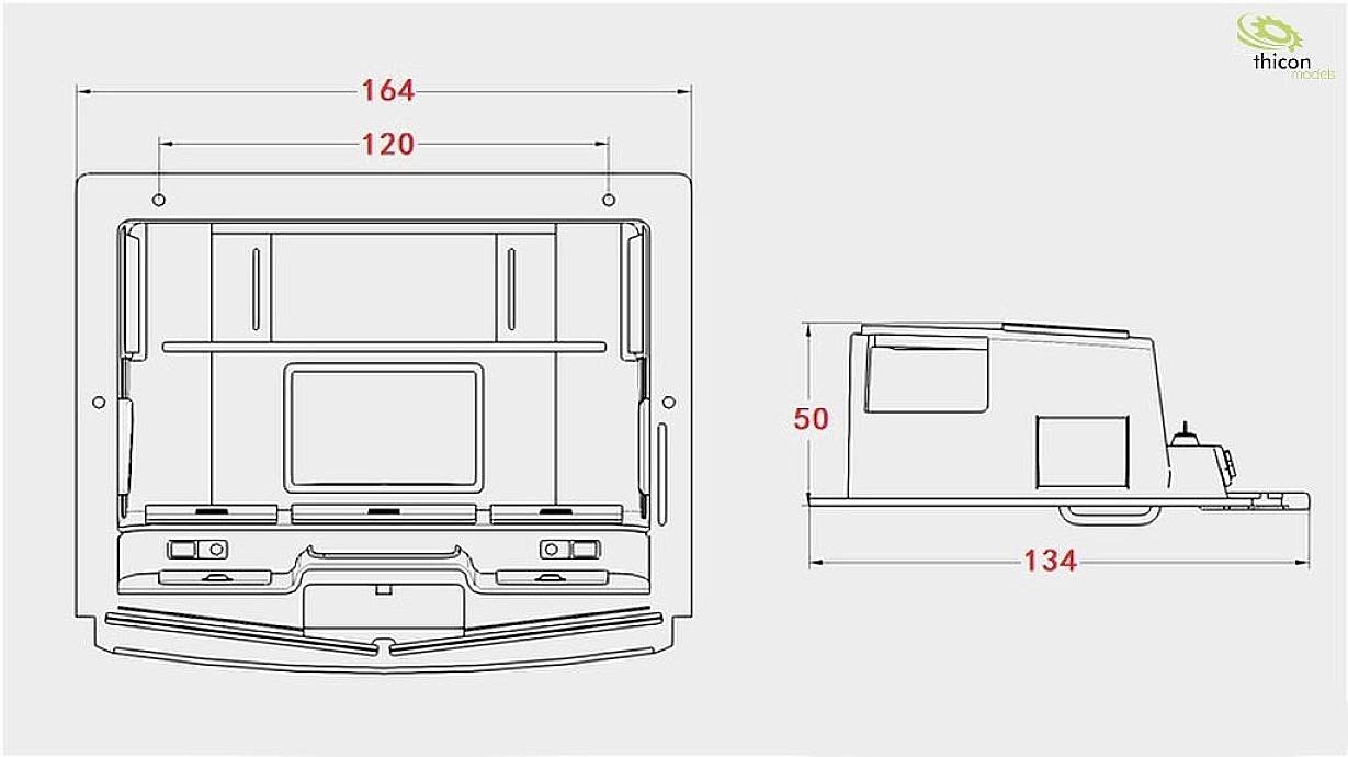 Technical drawing of a device with front and side view. Main dimensions are 164x134x50 mm, internal width 120 mm, logo of 'thicon models' top right.