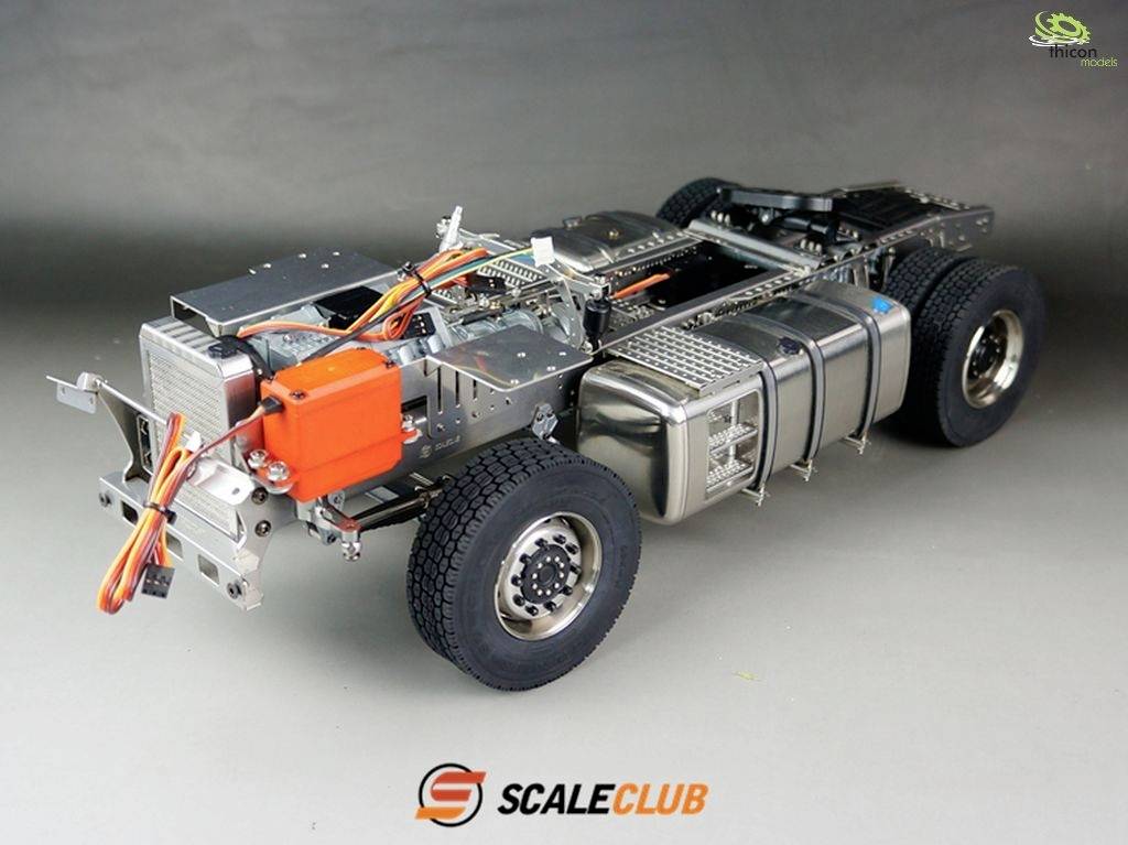 Model of a lorry chassis with visible frame, fuel tank and wheels. This is a finely detailed technical model by SCALECLUB.