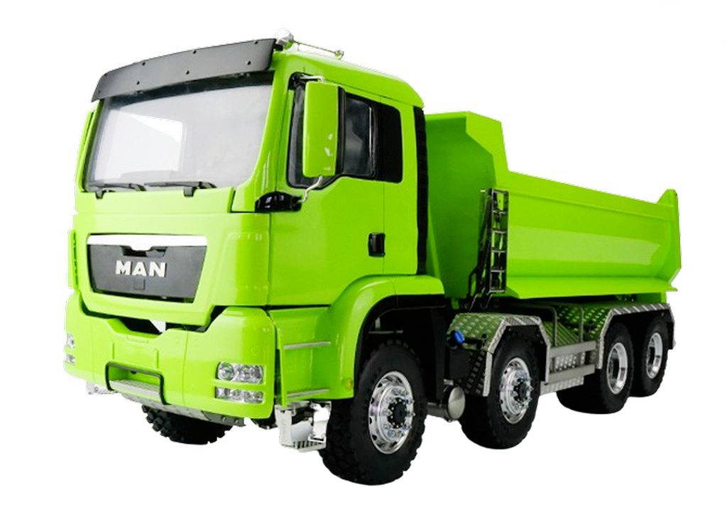 A green tipper truck with a tipping body stands against a white background. The lorry has three axles and is suitable for transporting heavy loads.