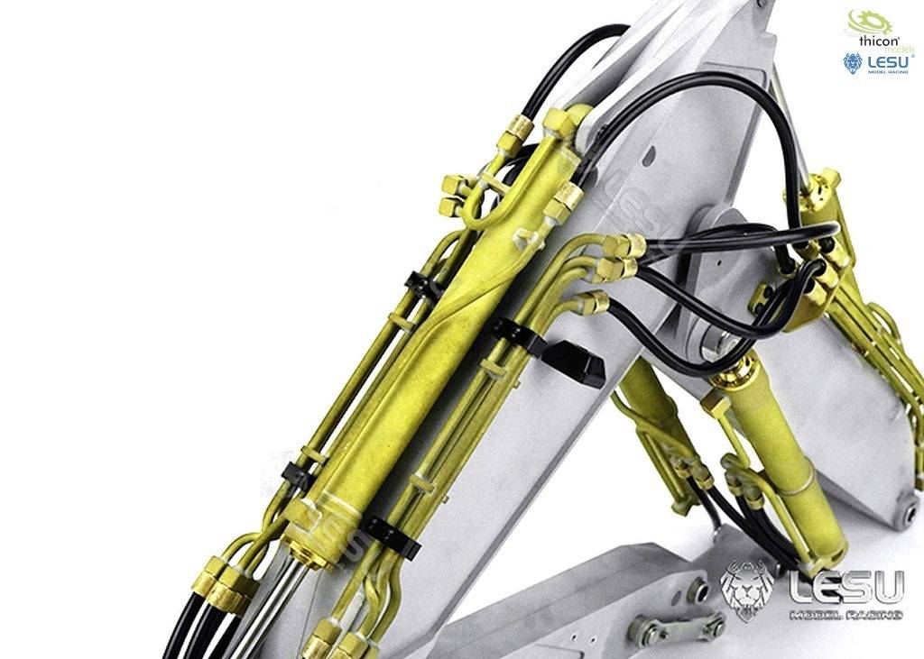 A hydraulic mechanical arm with yellow and black pipelines can be seen. In the background, the logos of 'lesu' and 'thicon' are visible.