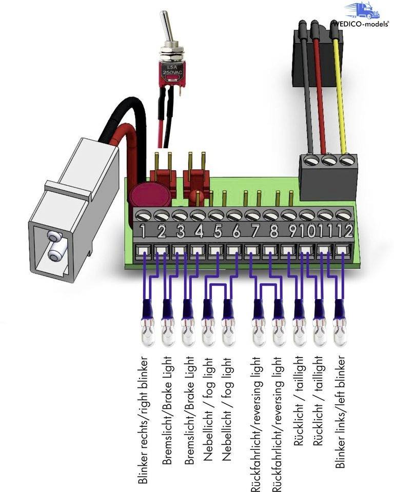 Diagram of an electrical circuit with numbering from 1 to 11, wiring and switches. Labels show functions such as indicators and brake light.