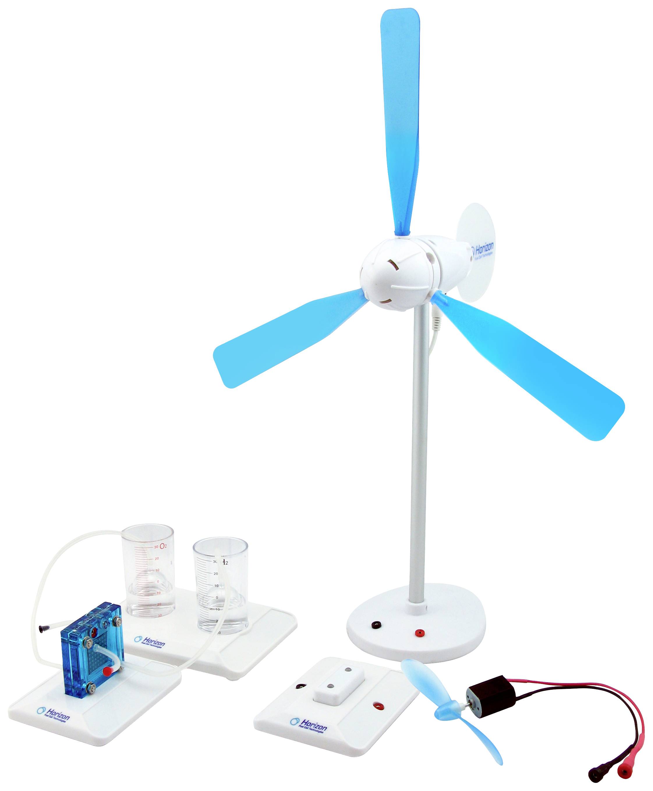 A model wind turbine with three blue rotor blades, connected to various scientific instruments, demonstrates renewable energy.