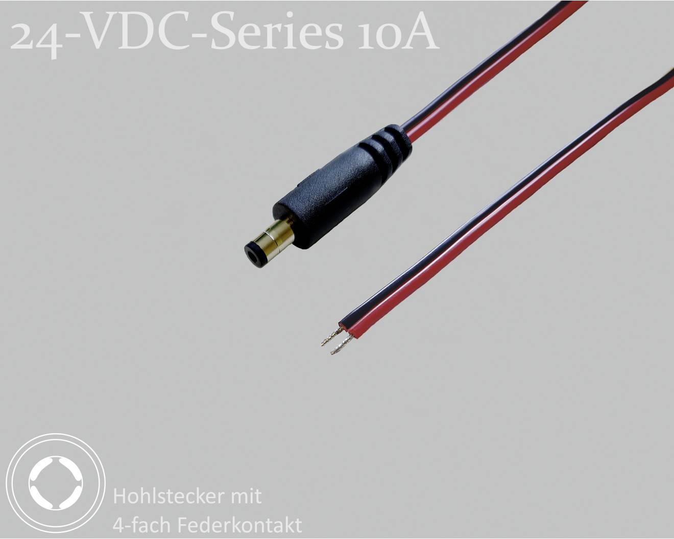 Hollow plug with 4-fold spring contact, Model '24-VDC-Series 10A', shows connection details with a red and a black cable.
