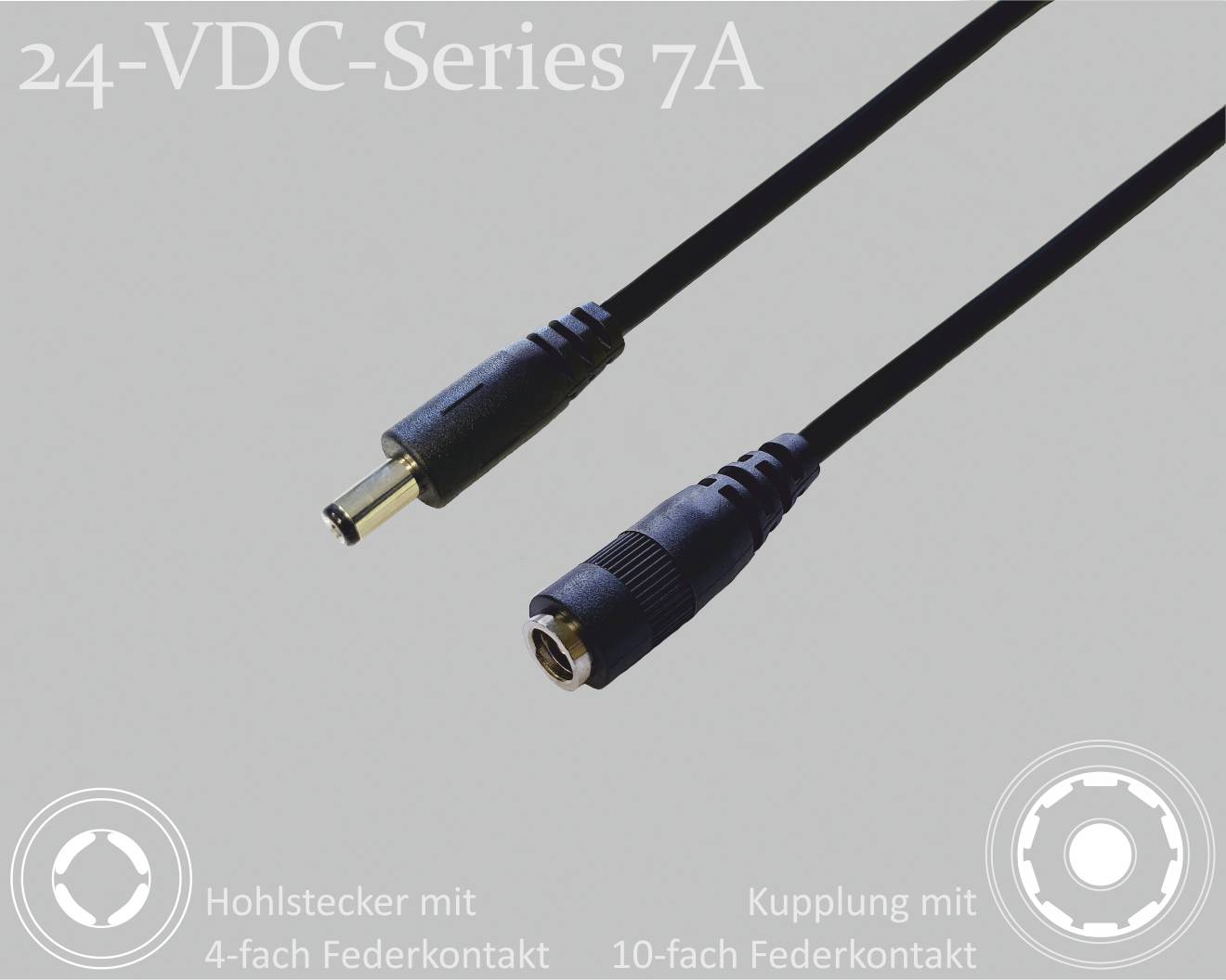 '24-VDC Series 7A': Two black cables; left with hollow plug (4-pin spring contact), right with coupling (10-pin spring contact).