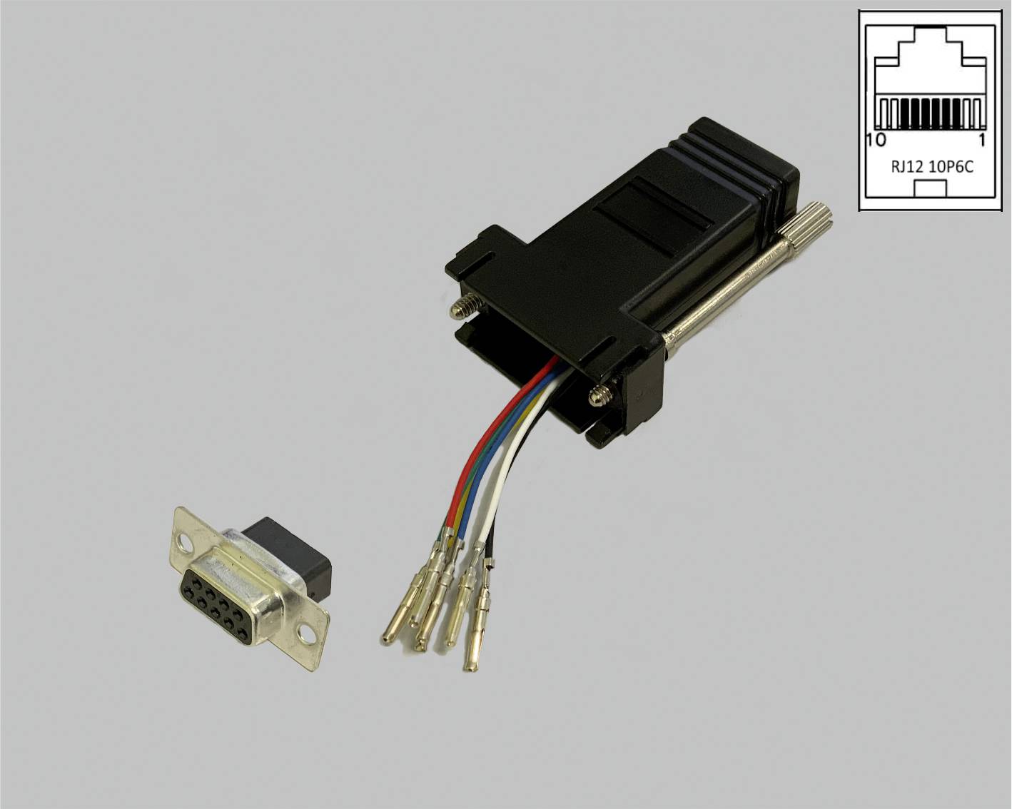A black DB9 plug with stripped cables next to an RJ12 10P6C schematic representation. Purpose: connecting cables.