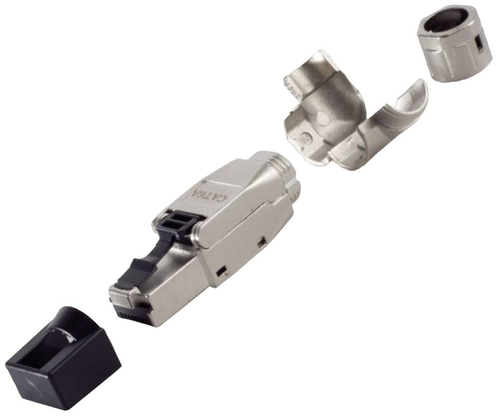 Disassembled metal network cable connector housing with plastic components, showing the individual parts for assembling a connector.