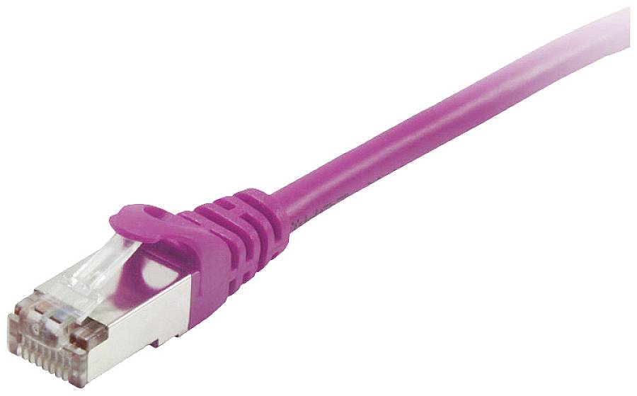 A pink Ethernet cable with RJ45 connector on a white background; suitable for digital network connections.