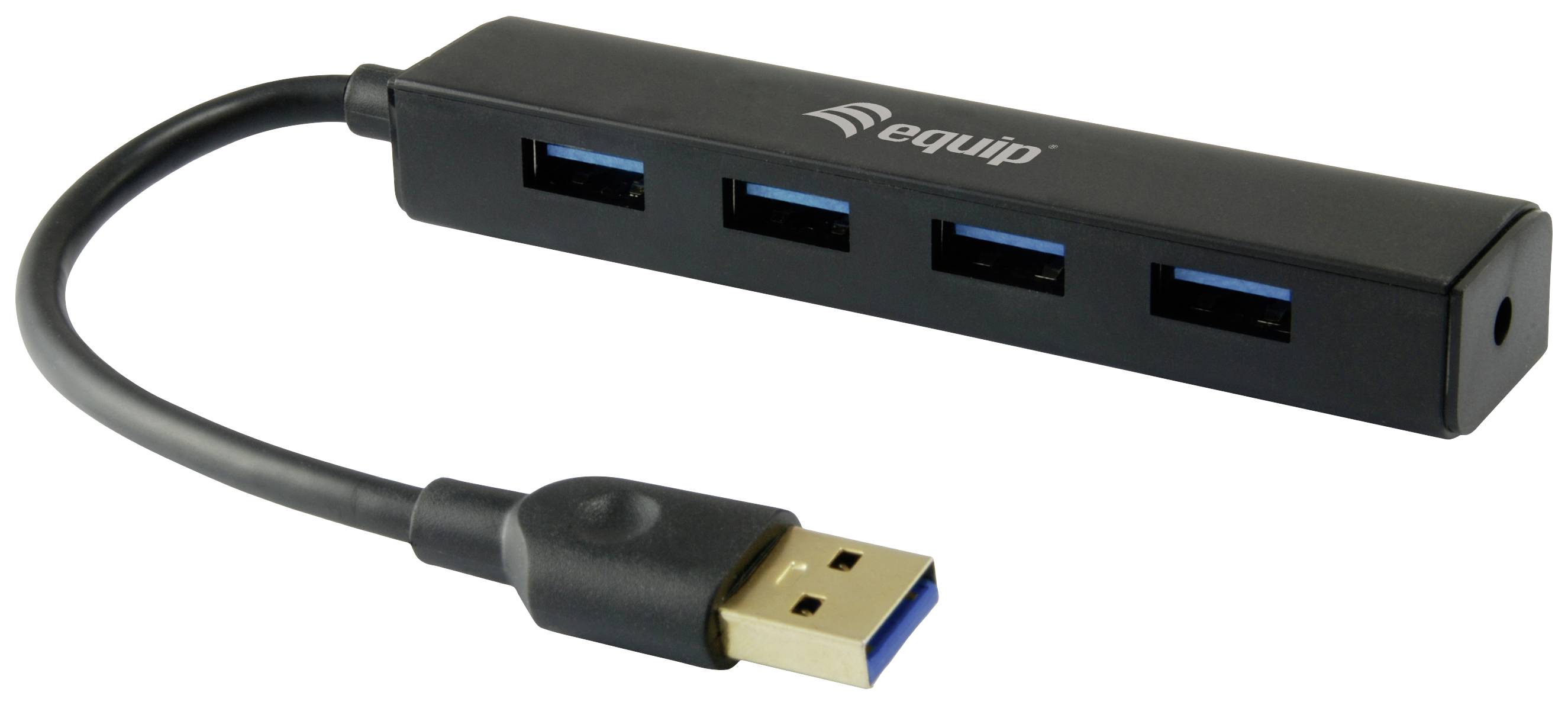 A black USB hub with four ports and a USB cable for connecting to a computer. Suitable for expanding USB ports.
