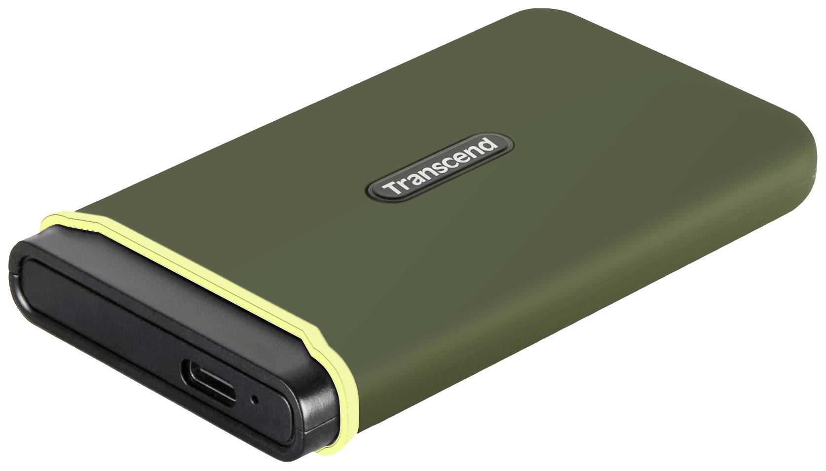 A green, portable hard drive by Transcend with a USB port, lies at an angle.