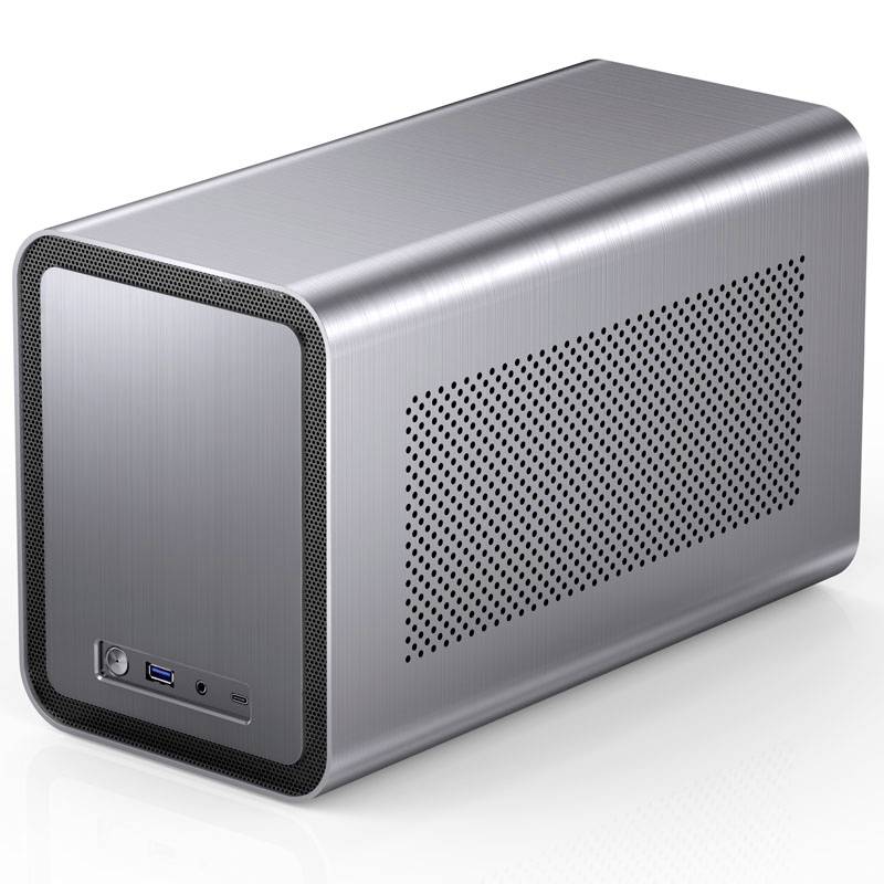 Metallic external hard drive enclosure with ventilation slots. Front side shows connections and a power switch.