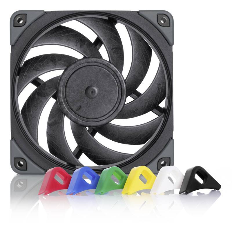 A black computer fan with six interchangeable corners in various colours (red, blue, green, yellow, white, black).