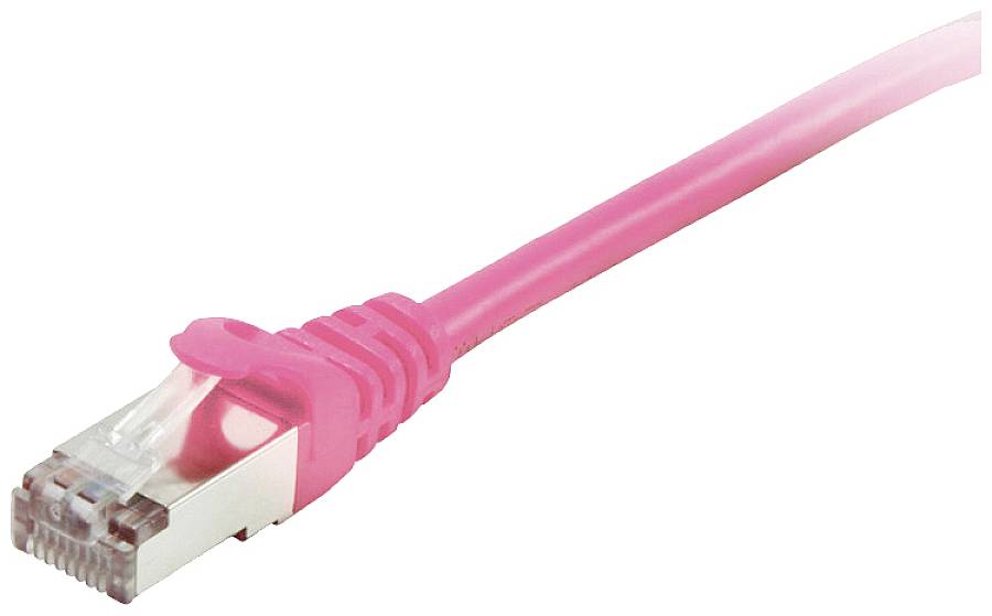 A pink Ethernet cable with RJ-45 connectors, used for network connections.