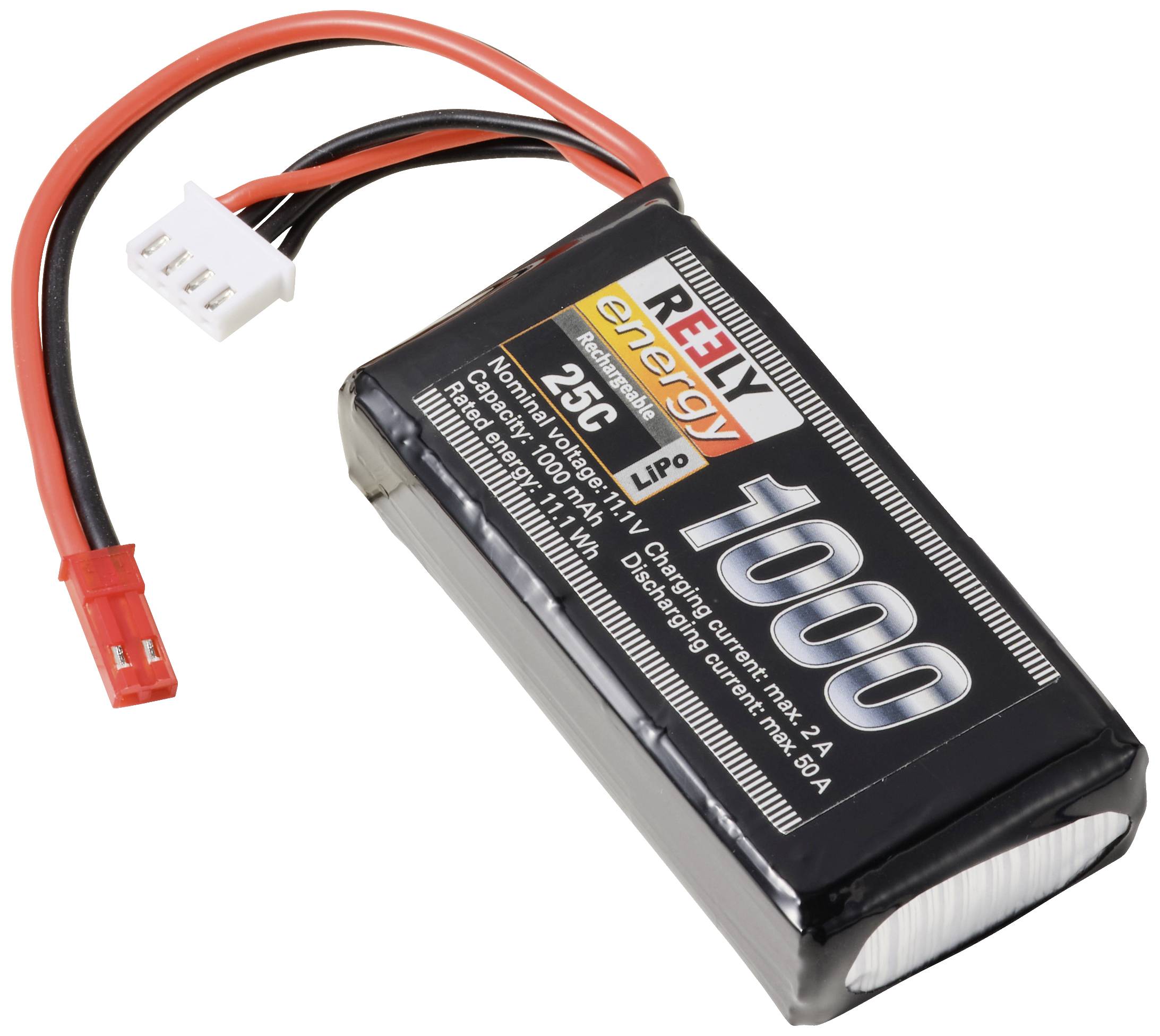 Lithium Polymer battery with cable. Text reads: 'REELY energy 1000, 25C, Maximum charging current: 2A, Maximum discharging current: 40A'.