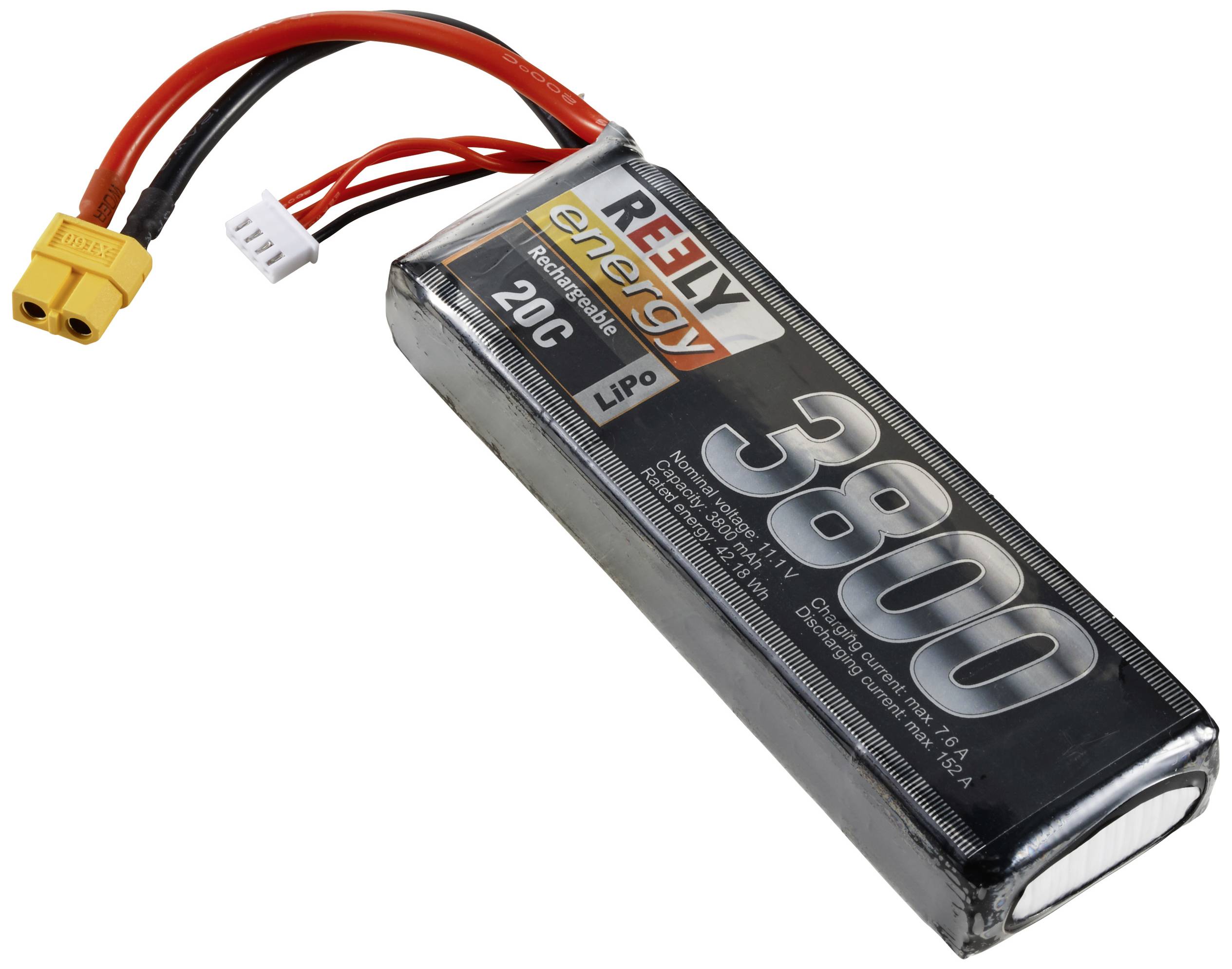 A rectangular LiPo battery by Reely with the inscription '3800 mAh' and '20C' on its surface, with two connected cables.