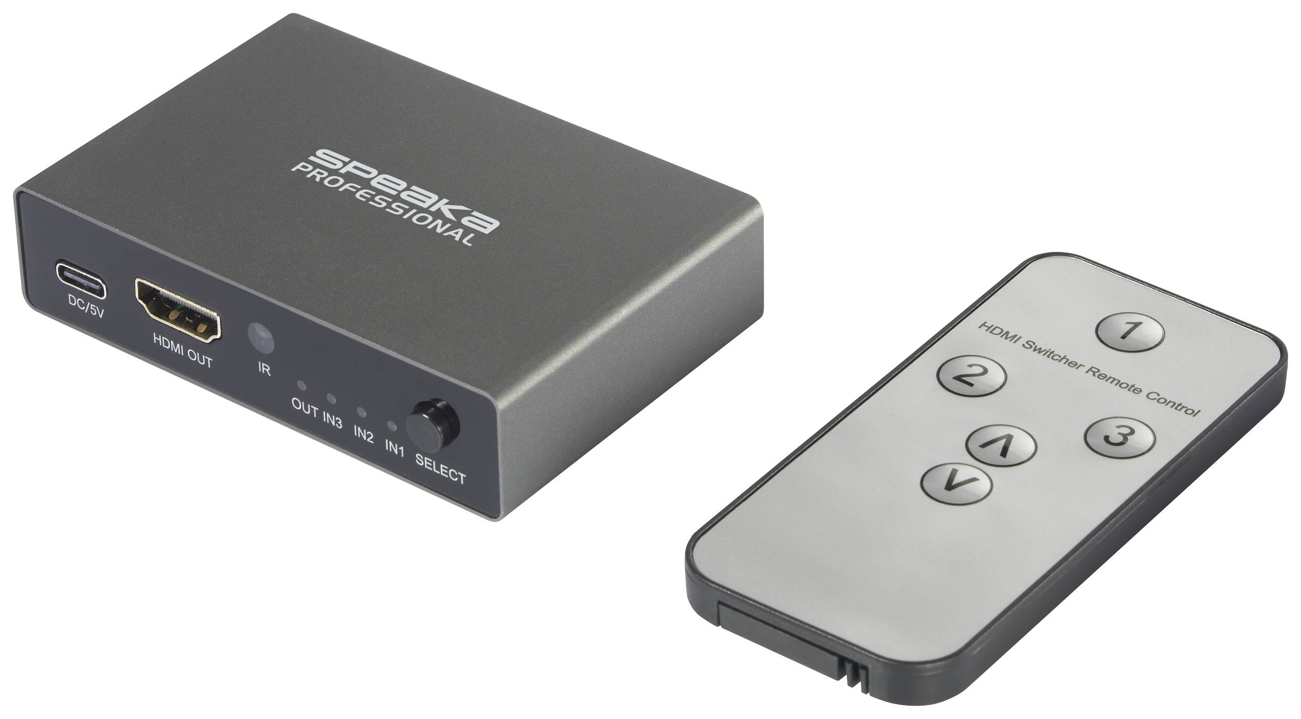 HDMI switch device with remote control. Device features an HDMI output, DC input, three HDMI inputs, and a selection button.
