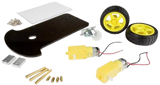 Components of a robot vehicle kit: black base plate, two yellow wheels, two yellow motors, screws, nuts and other small parts.