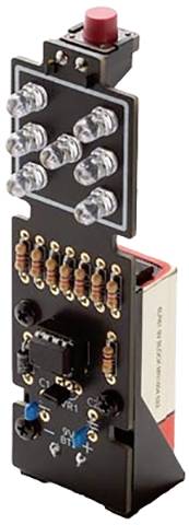 An electrical component with multiple LED lights and resistors, mounted on a circuit board. A red button is located at the top.