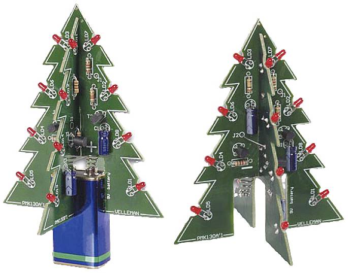 Two electronic circuit boards shaped like a Christmas tree with red LEDs and various electronic components on them.