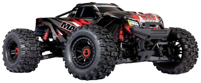 A remote-controlled toy car with large off-road tyres and a black and red design.