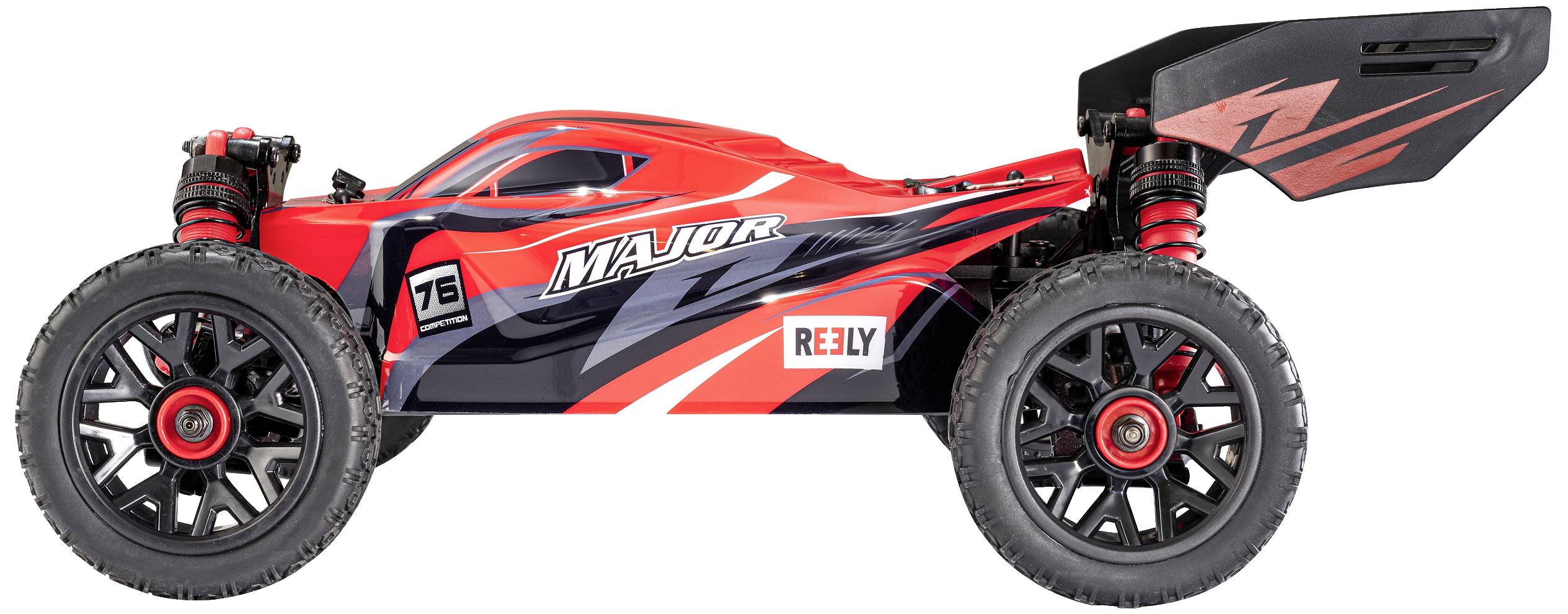 Red and black RC car with aerodynamic design and large off-road tyres, with 'MAJOR' written on the side.