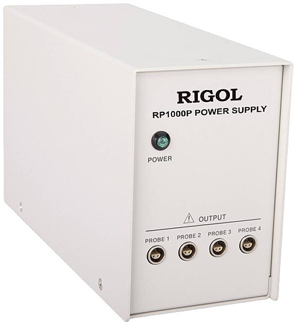 A white power supply device with the inscription 'RIGOL RP1000P Power Supply'. Four outputs labelled Probe 1 to Probe 4.