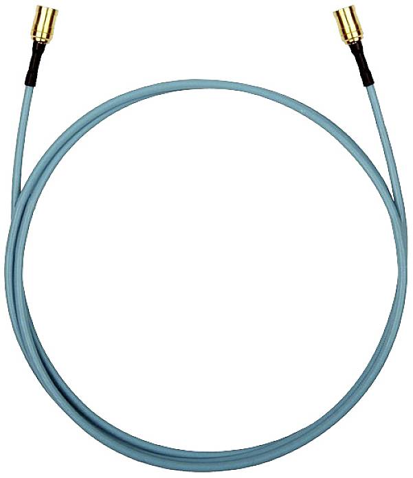 A blue coaxial cable with gold-plated connectors at both ends, suitable for data or signal transmission.