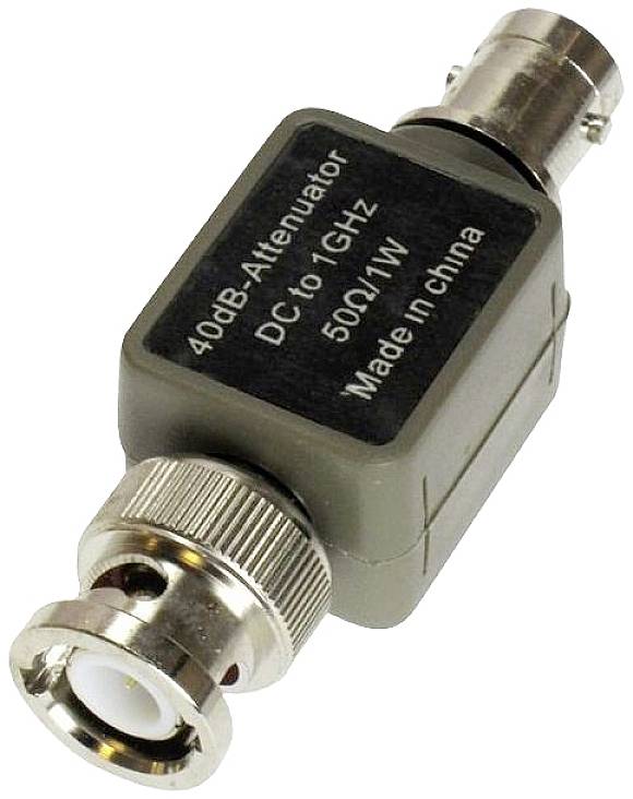 A 40dB attenuator with frequency range DC to 1GHz, impedance 50Ω/1W, depicted with BNC connectors and the inscription 'Made in China'.