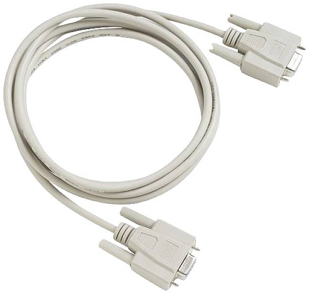 A grey serial cable with two connectors, used for connecting computers and other devices.