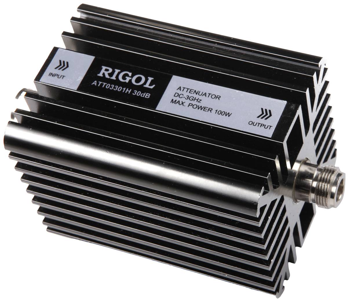 A black electronic attenuator with the inscription 'RIGOL AT100330H 30dB'. It has input and output connectors.