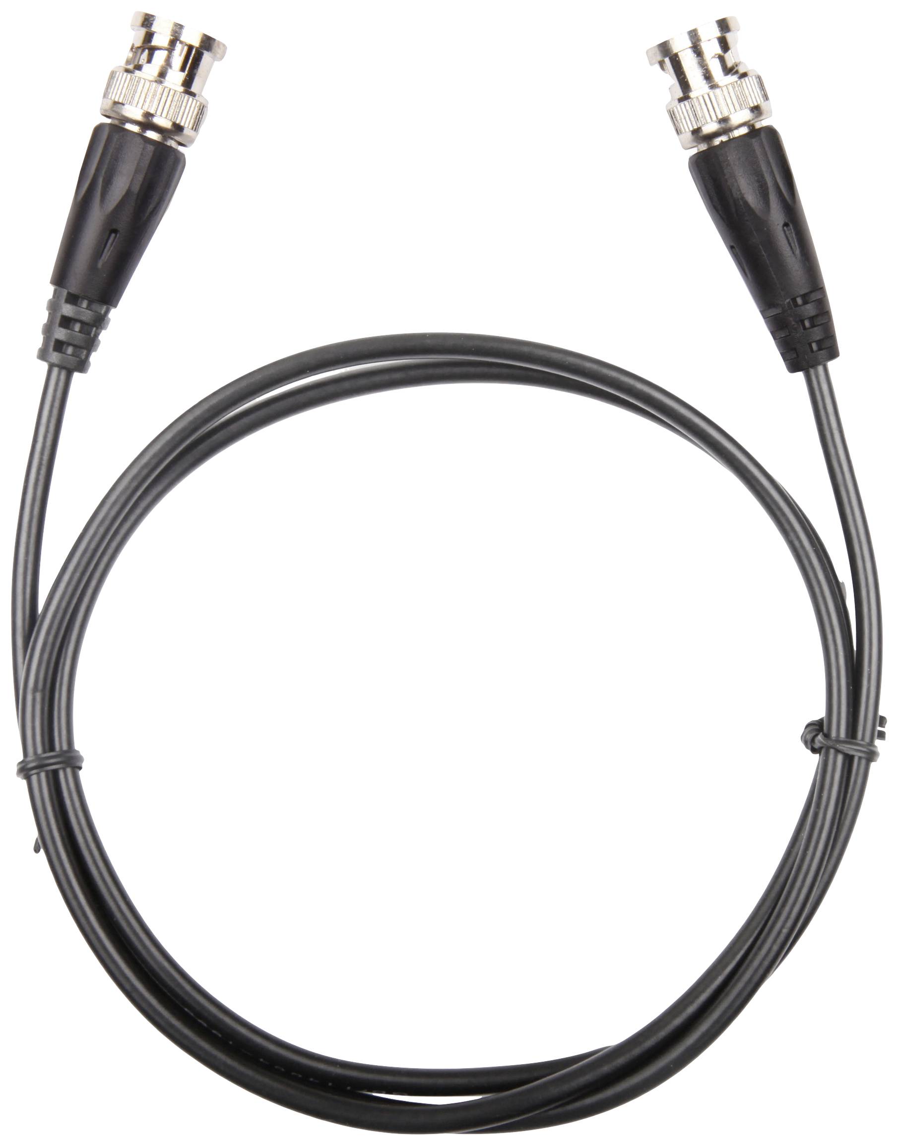 A black coaxial cable with BNC connectors at both ends, arranged in a circular loop.
