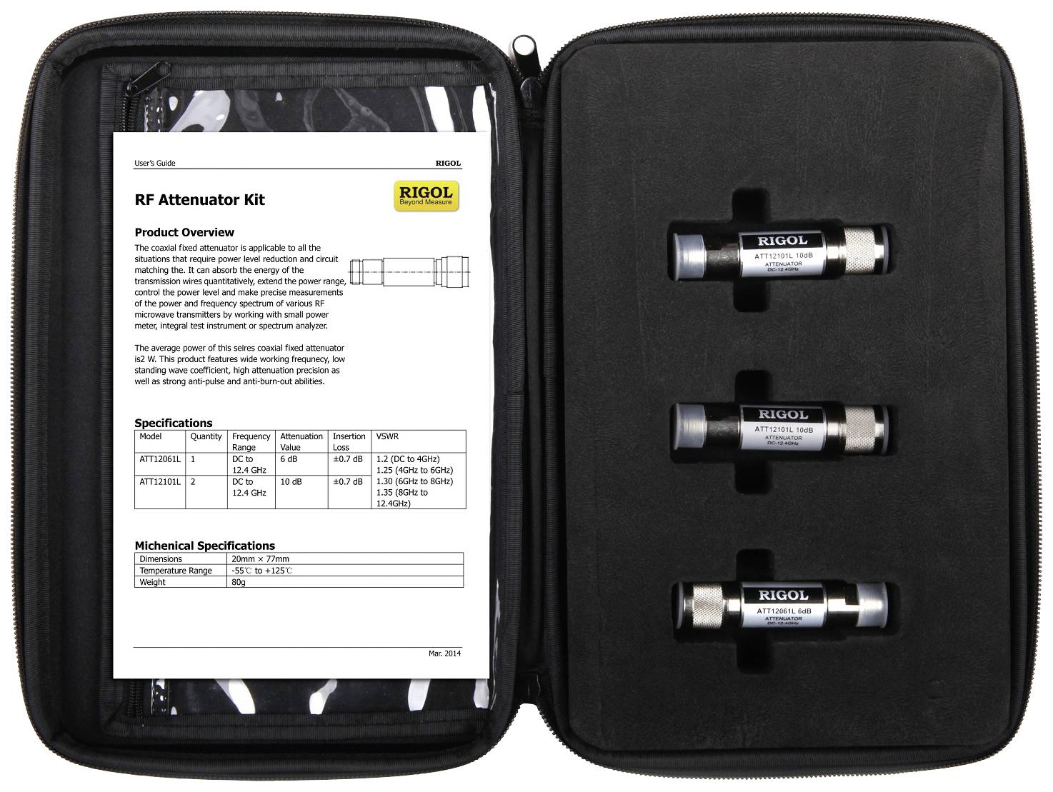 'RF Attenuator Kit by Rigol': Opened case containing three attenuators and an instruction manual. Specifications are shown.