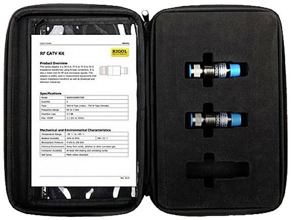 Open case with documents and two blue tools. Text: 'RF CATV Kit'. Specifications and details are readable on the paper.