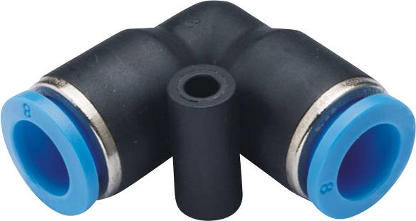 Black L-shaped pneumatic connector with blue ends, specifically developed for compressed air systems, enables change of direction.