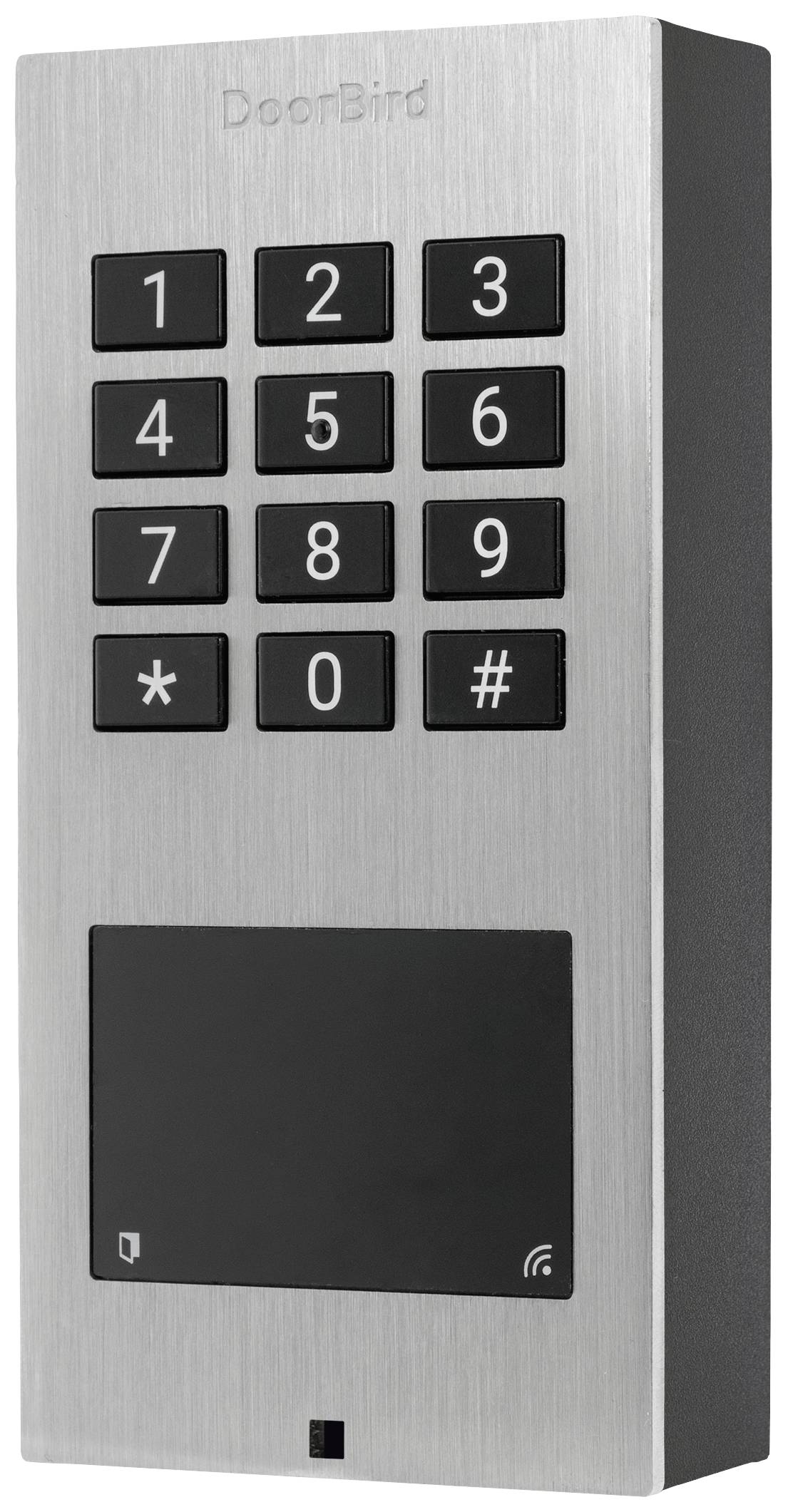 A silver electronic door lock by DoorBird with a number pad and symbol buttons. It also has a card reader area at the bottom.
