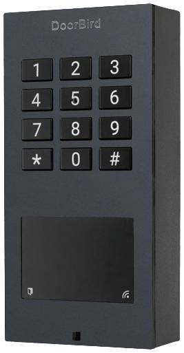 Black electronic door lock with number keypad, brand name 'DoorBird' at the top, keys from 0-9 and symbols '*' and '#'.