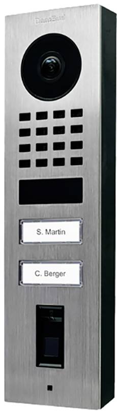 Stainless steel door entry system with camera and two name plates reading 'S. Martin' and 'C. Berger'.
