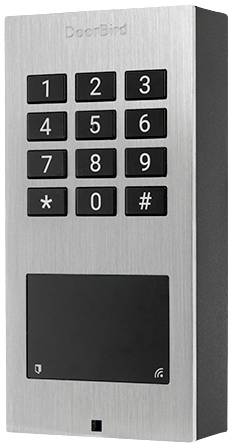 Door access terminal with keypad for PIN entry and RFID reader, brand DoorBird.