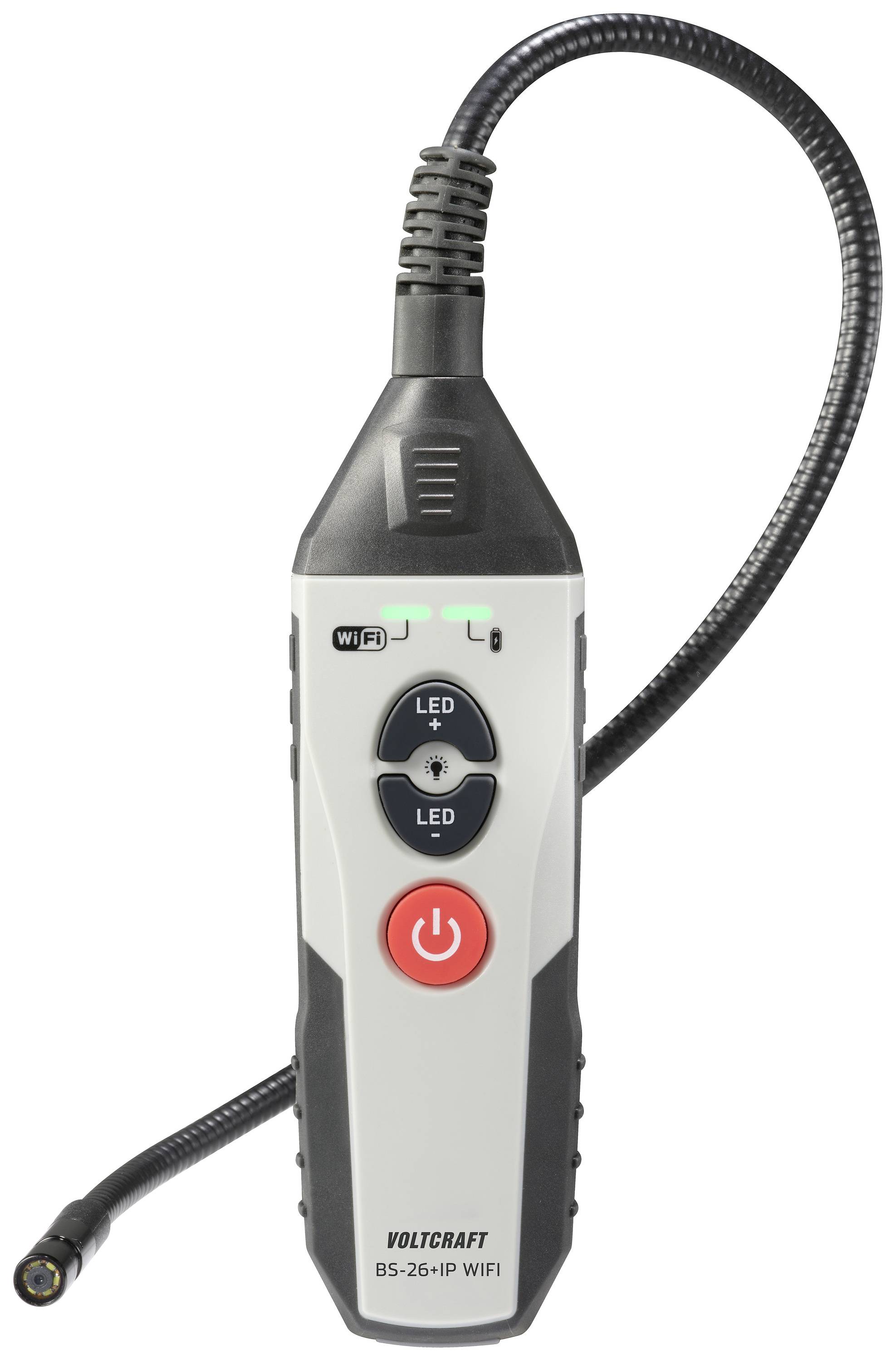 A portable endoscope with a flexible swan neck and a camera at the tip. At the front are control buttons and an LED display panel.