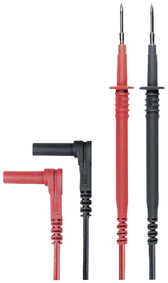 Two measurement leads, one red and one black, with connectors and test probes, commonly used in electronic measuring instruments.